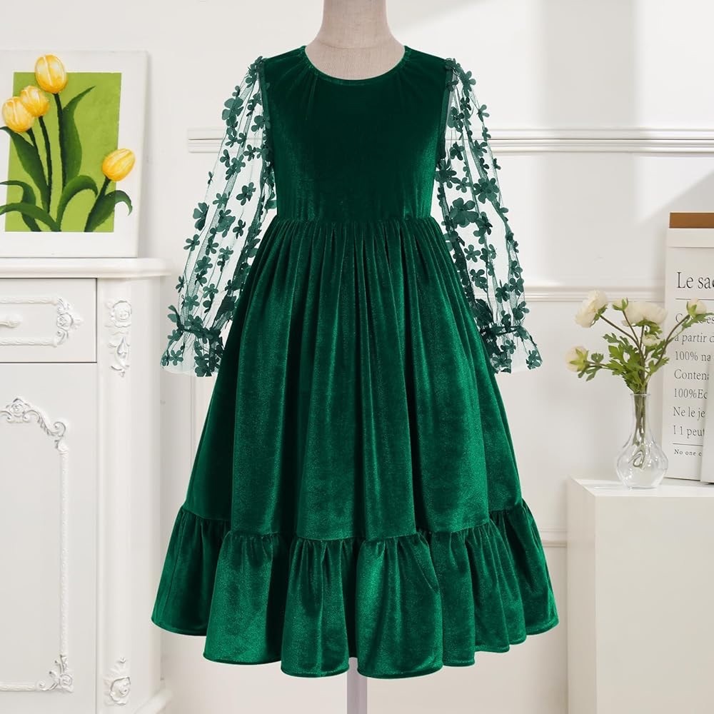 Elegant Green Velvet Dress with Floral Sleeves